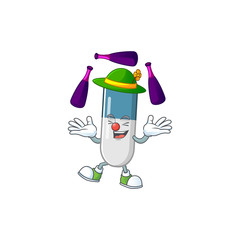 mascot cartoon style of vitamin pills playing Juggling on stage