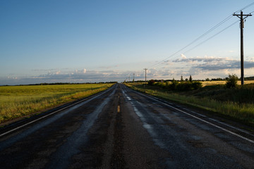 Road landscape. Long way in the park. Yellow road divider. Sunrise over the road. 