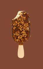 chocolate outer popsicle with melon seeds with a bite on brown background