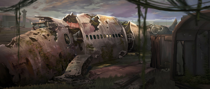 A digital illustration of an abandoned plane wreck with texture brushstroke technique.