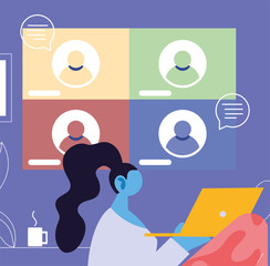 woman connected online by laptop at home