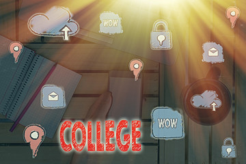 Writing note showing College. Business concept for educational institution or establishment...