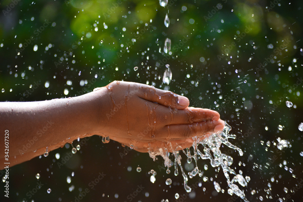 Wall mural water pouring in kid two hand on nature background. hands with water splash.