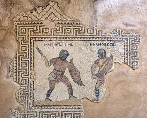 Mosaic of two gladiators, Margarites (left) and Hellenikos (right), late-3rd century CE, House of the Gladiators, Kourion (Cyprus)