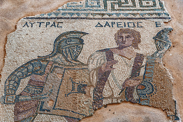 Mosaic of gladiators divided by referee, end of 3rd century AD, House of gladiators. Kourion....