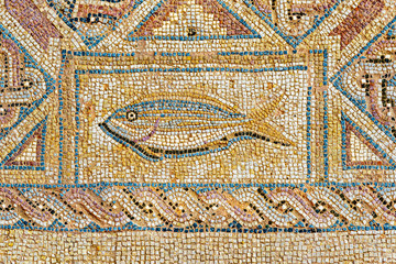 Fragment of mosaic depicting fish in the house of Eustolios (4th century), the ancient city of...