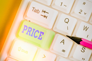 Word writing text Price. Business photo showcasing the amount of money expected or required in...