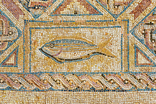 Fragment of mosaic depicting fish in the house of Eustolios (4th century), the ancient city of Kourion, near Limassol, Episkopi, Cyprus
