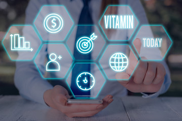 Text sign showing Vitamin. Business photo text group of organic compounds which are essential for...