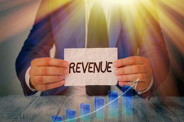 Word writing text Revenue. Business photo showcasing total amount of income generated by the sale...