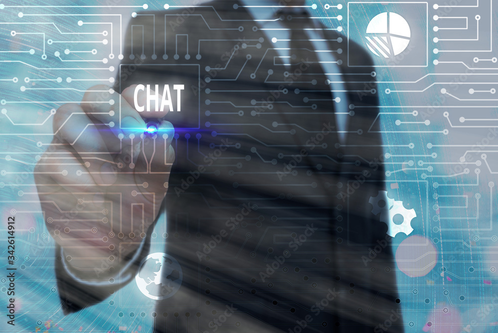 Poster word writing text chat. business photo showcasing take part in a discussion that involves sending me