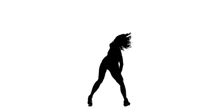 black silhouette on a white background, young beautiful woman energetically dancing dancehall, street dance, twerk, isolated