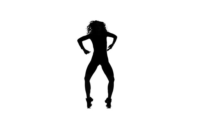 black silhouette on a white background, young beautiful woman energetically dancing dancehall, street dance, twerk, isolated