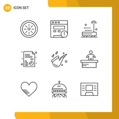 Pack of 9 Modern Outlines Signs and Symbols for Web Print Media such as cashier, play, sound, music, chart