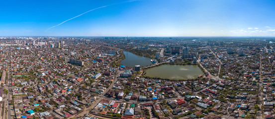 aerial drone view - old historic center of Krasnodar city (South of Russia) on a sunny day in April - Gorky -Karasunskaya street and Karasun lakes