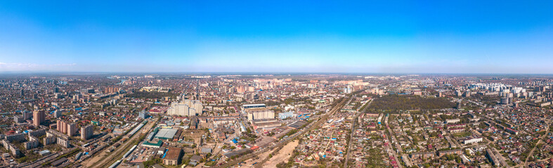 Fototapeta na wymiar aerial drone view - the old historic center of Krasnodar (South of Russia) on a sunny day in April - Promyshlennaya, Track and Kolkhoznaya