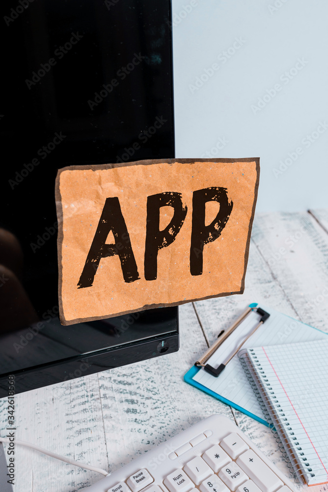 Poster word writing text app. business photo showcasing computer program download software by a user to a m