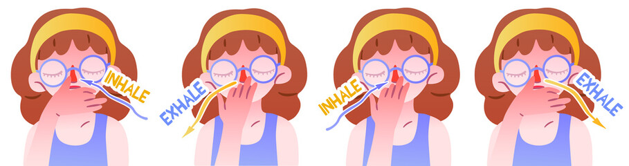 Cute girl with glasses doing pranayama. Vector isolated phased illustration of a breathing practice from yoga. Ventilation, wellness exercise with a calming effect. The correct position of the hands.