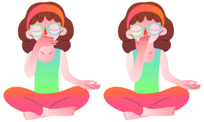 Vector isolated character cute girl in glasses sits in a lotus position and does pranayama. Two positions of breathing practice for the left and right side. The correct position of the hands. 