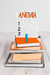 Writing note showing Anemia. Business concept for condition where there deficiency of red cells of...