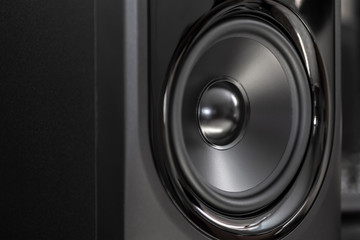 Black speaker of an acoustic monitor close-up.