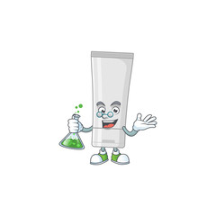 White plastic tube genius Professor Cartoon character holding glass tube