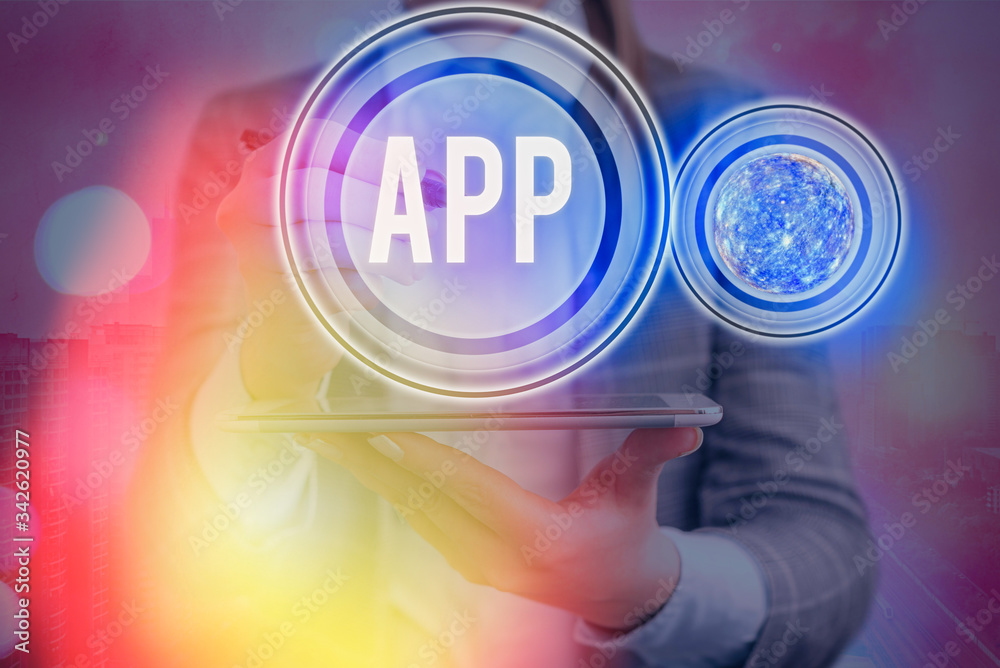 Poster text sign showing app. business photo showcasing computer program download software by a user to a m