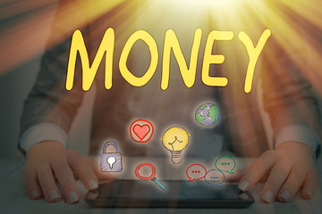 Word writing text Money. Business photo showcasing a current medium of exchange in the form of...