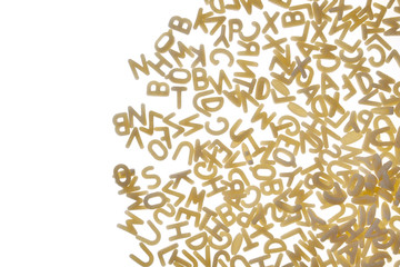 Pasta letters Isolated on a white background.Dry uncooked pasta. kids food.Pasta tiny english letters background.letters pattern