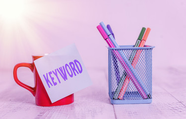 Word writing text Keyword. Business photo showcasing word which acts as the key to a code Concept...