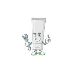A mechanic white plastic tube mascot character fix a broken machine
