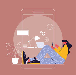 woman connected online by cell phone at home