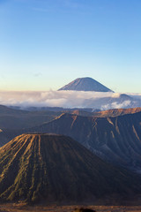 On the right side of the Bromo volcano is the Batok volcano. It is a beautiful view of Indonesia. The farthest away is the Semeru volcano.