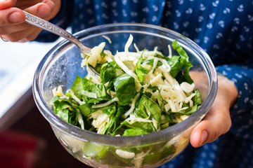 Fresh green vitamin diet salad with cabbage and lettuce leaves. Vegan healthy food