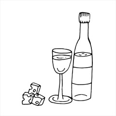 vector isolated doodle element, bottle of wine and a glass, coloring book