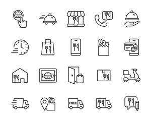 set of food delivery icons, online shopping, food and drinks