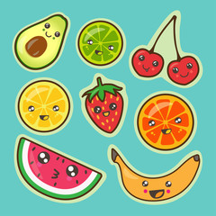 Fruit stickers set: avocado, cherry, citrus, orange, lime, lemon, banana, watermelon, strawberry. Funny kawaii illustration.