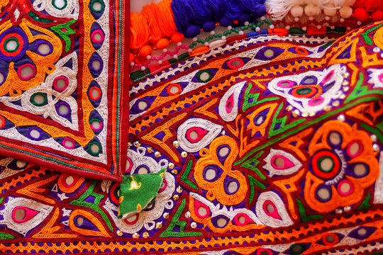 Embroidery ethnic flowers neck line flower design close view,traditional Hungarian matyo embroidery motifs.handmade indian embroidery