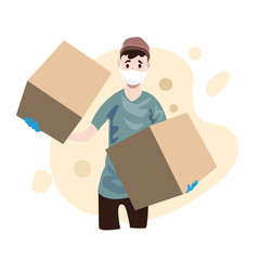 Delivery of goods during the prevention of coronovirus, Covid-19.Courier in a face mask with a box in his hands. Portrait from the waist up. Vector flat illustration