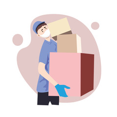 Fototapeta na wymiar Delivery of goods during the prevention of coronovirus, Covid-19.Courier in a face mask with a box in his hands. Portrait from the waist up. Vector flat illustration