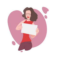Smiling lady carrying a blank placard with a place for text isolated on white background. Female activist, woman holding an empty paper sheet.Vector illustration in flat cartoon style