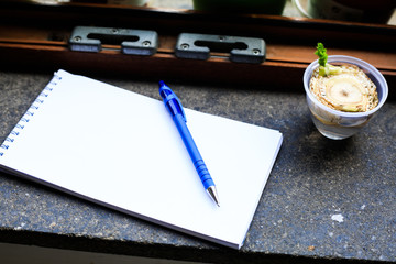 Dark blue pen and white clear paper note on dark marble window sill. Plastic glass with fennel on...