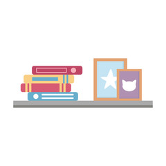 shelf with books and frame decoration isolated icon on white background