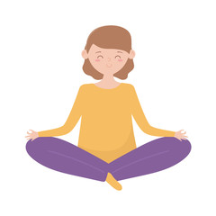 stay at home, young woman practicing yoga lotus pose character