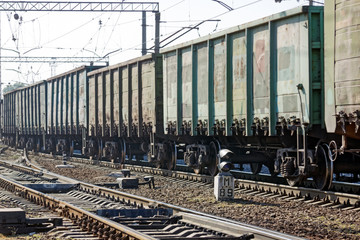 Kharkiv, Ukraine - August 23, 2018: Cargo wagons parked at the railway station Osnova, in Kharkiv, Ukraine