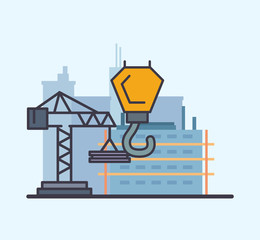 Construction crane and city buildings vector design