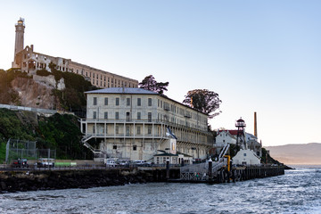 Lighthouse, barracks apartment and shipdock  at Alcatraz Island Prison, San Francisco California USA, March 30, 2020