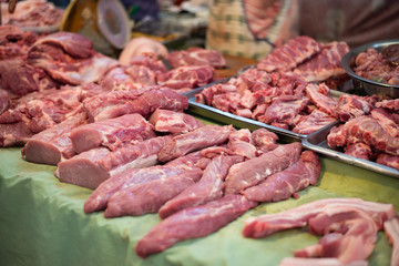 Raw meat in Thai street maket.