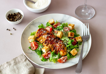 Caesar salad with chicken. Healthy eating. Diet. Recipes of national dishes.