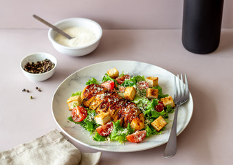 Caesar salad with chicken. Healthy eating. Diet. Recipes of national dishes.